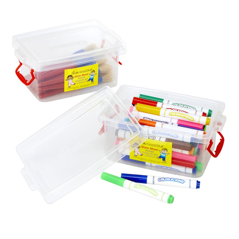 Really Good Stuff Small Clear Plastic Stackable Storage Tubs with Locking Lid â€“ Red Handles Lock Lid in Place â€“ Hold Supplies, Manipulatives and More in Classroom or Home, 8â€x4â€x5â€ (Set of 5) - Image 2